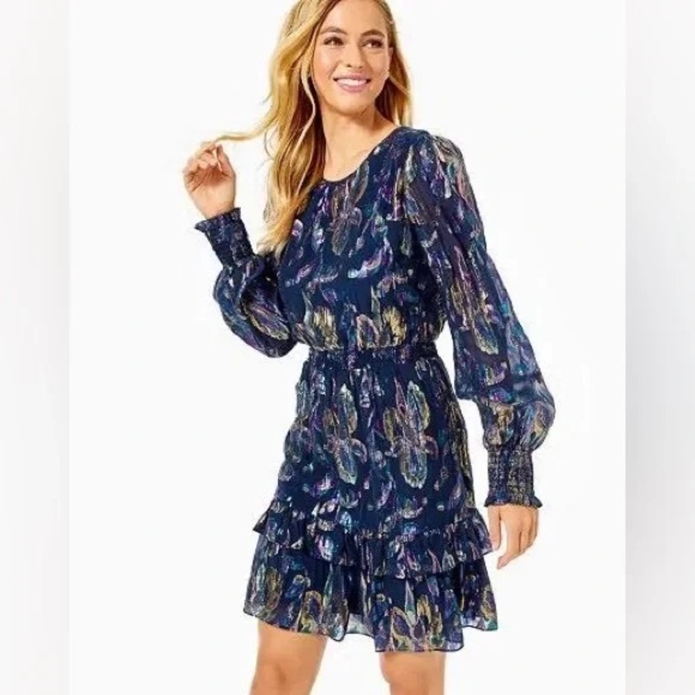 Lilly Pulitzer Dotti Silk Ruffle Dress in metallic navy